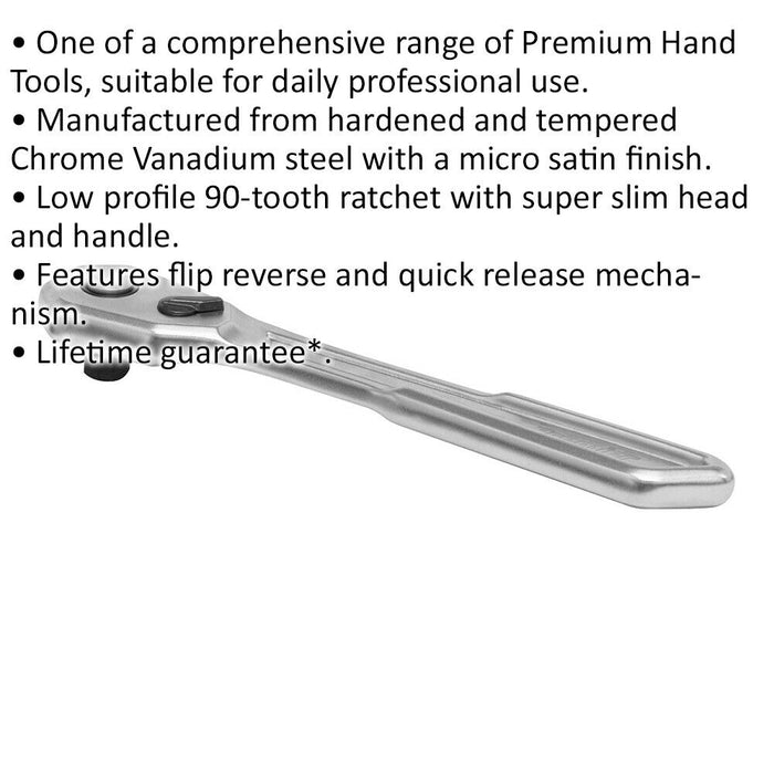 Low Profile 90-Tooth Ratchet Wrench - 3/8 Inch Sq Drive - Flip Reverse Mechanism Loops
