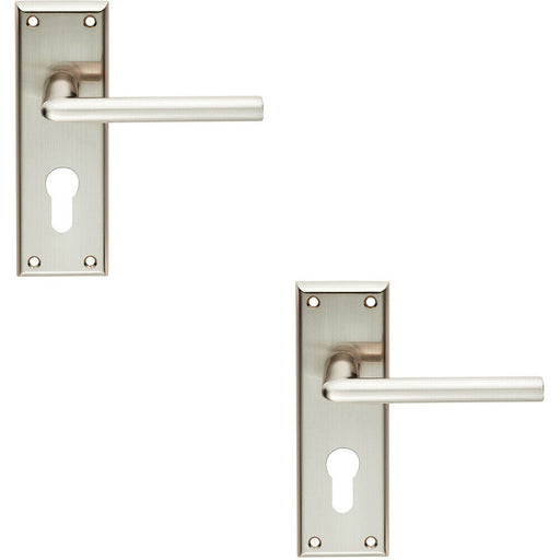 2x PAIR Rounded Lever on Euro Lock Backplate Handle 150 x 50mm Satin Nickel Loops