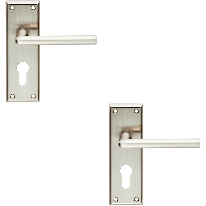 2x PAIR Rounded Lever on Euro Lock Backplate Handle 150 x 50mm Satin Nickel Loops