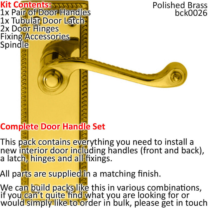 Door Handle & Latch Pack Brass Victorian Scroll Lever Turn Reeded Backplate Loops