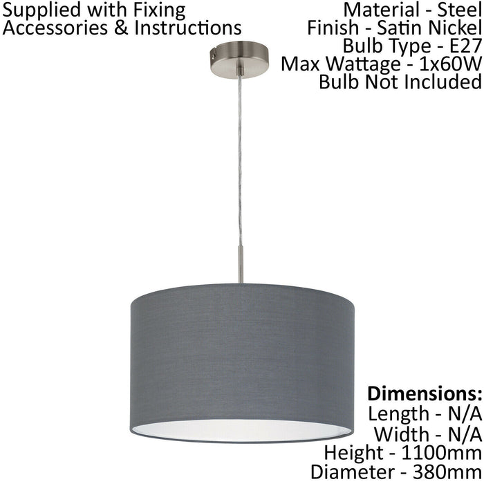 Pendant Light Colour Satin Nickel Steel Shade Grey Fabric Bulb E27 1x60W Loops