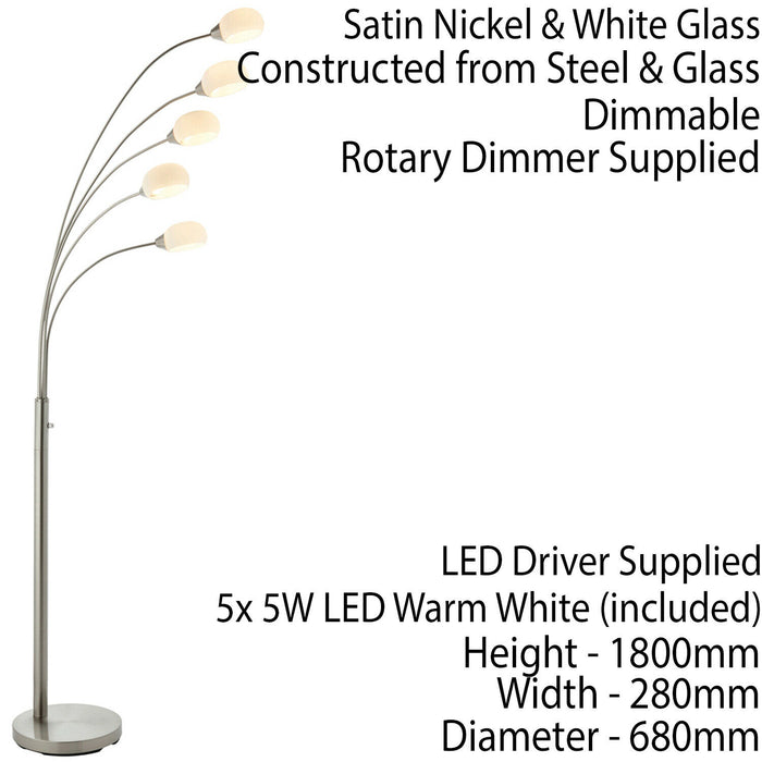 5 Light Floor Lamp Nickel & Glass Tall Standing Curved Multi Arm Living Room Loops