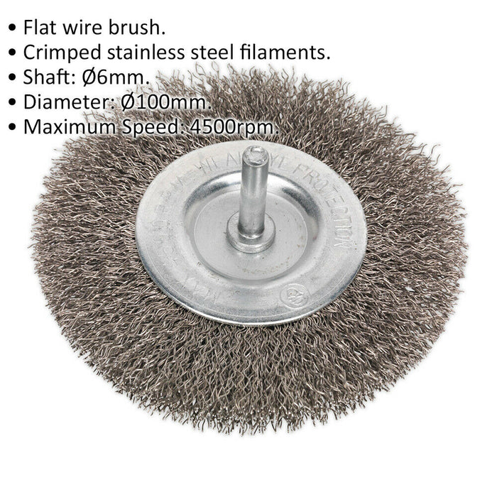 100mm Flat Wire Brush - Stainless Steel Filaments - 6mm Shaft - Up to 4500 rpm Loops
