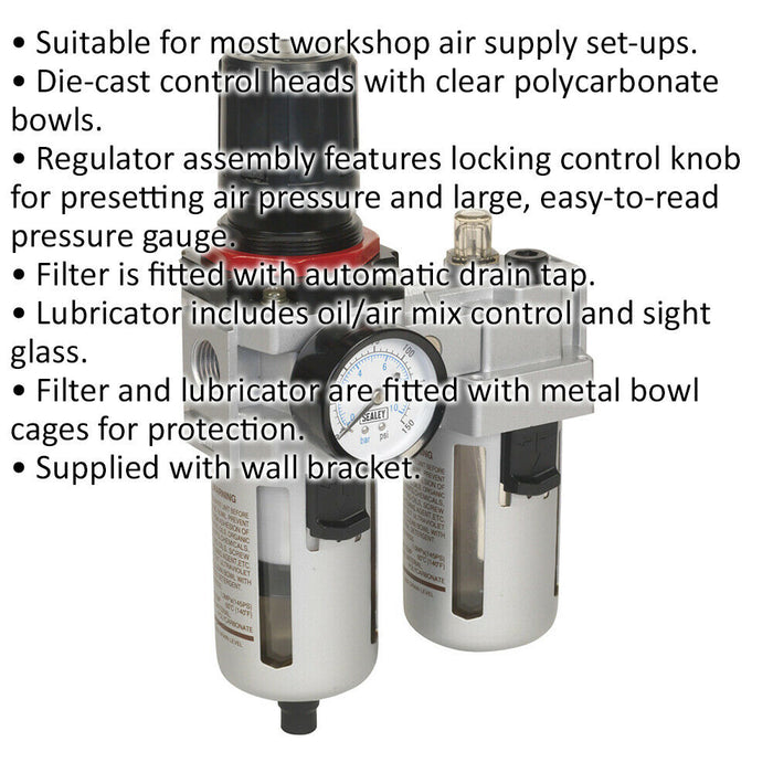 High Flow Air Supply Filter Regulator & Lubricator - 1/2" BSP 99cfm Max Airflow Loops