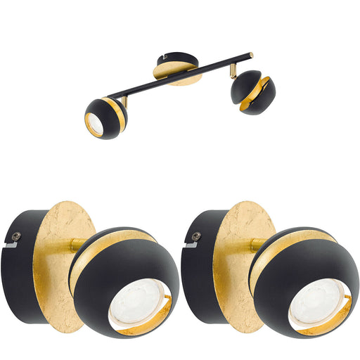 Twin Ceiling Spot Light & 2x Matching Wall Lights Black & Gold Adjustable Shade Loops