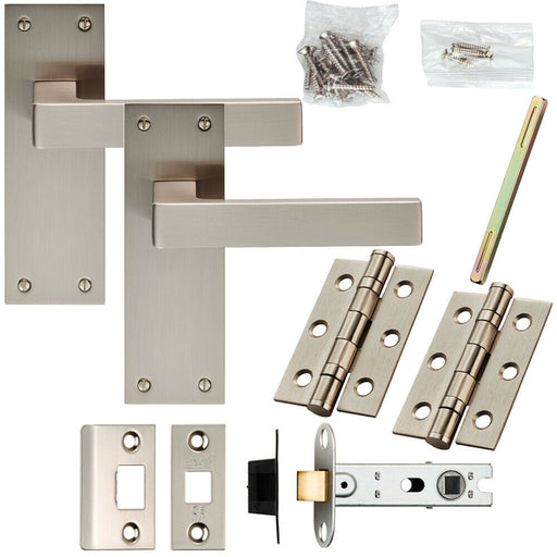 Door Handle & Latch Pack Satin Nickel Low Profile Square Lever Slim Backplate Loops