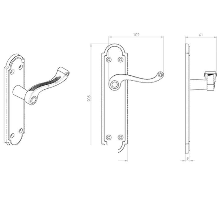 PAIR Reeded Scroll Lever on Shaped Latch Backplate 205 x 49mm Polished Brass Loops
