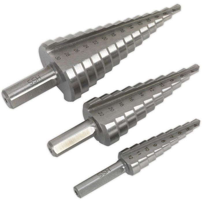 3 Piece HSS 4341 Double Flute Step Drill Bit - 3 Sizes - Precision Hole Drilling Loops