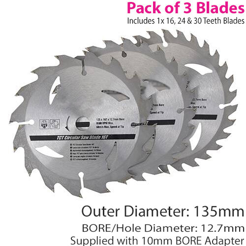 3 Pack 135mm x 12.7mm TCT Circular Saw Blades 162430 Teeth 10mm Ring Loops
