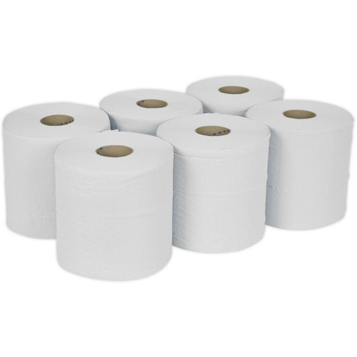 6 PACK 150m White 2-Ply Embossed Paper Roll - 190mm Wide - Perforated Paper Wipe Loops