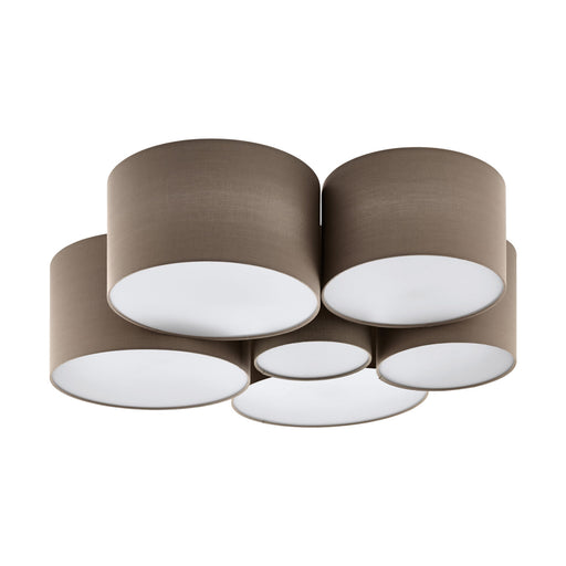 Flush Ceiling 6 Bulb Light Colour White Shades 6 x Taupe Fabric Bulb E27 6x40W Loops