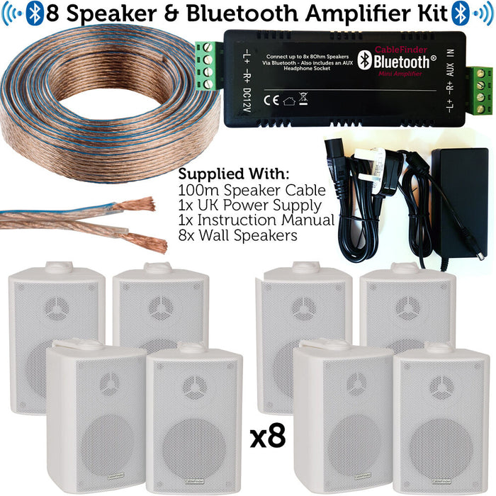 Bar/Restaurant Bluetooth Amplifier Kit 8x White Wall Speaker Wireless Background