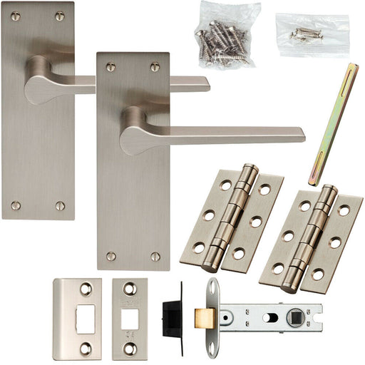Door Handle & Latch Pack Satin Nickel Low Profile Flat Lever Square Backplate Loops