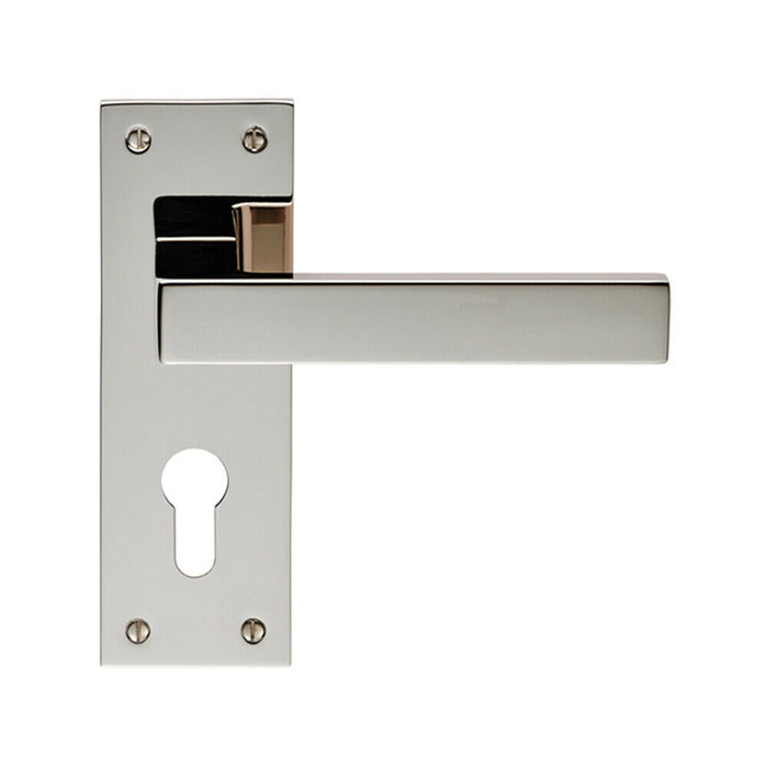 PAIR Straight Square Lever on Euro Lock Backplate 150 x 50mm Polished Nickel Loops