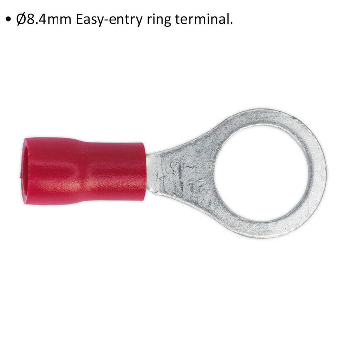 100 PACK Easy-Entry Ring Terminal - 8.4mm Diameter - 22 to 18 AWG Cable - Red Loops