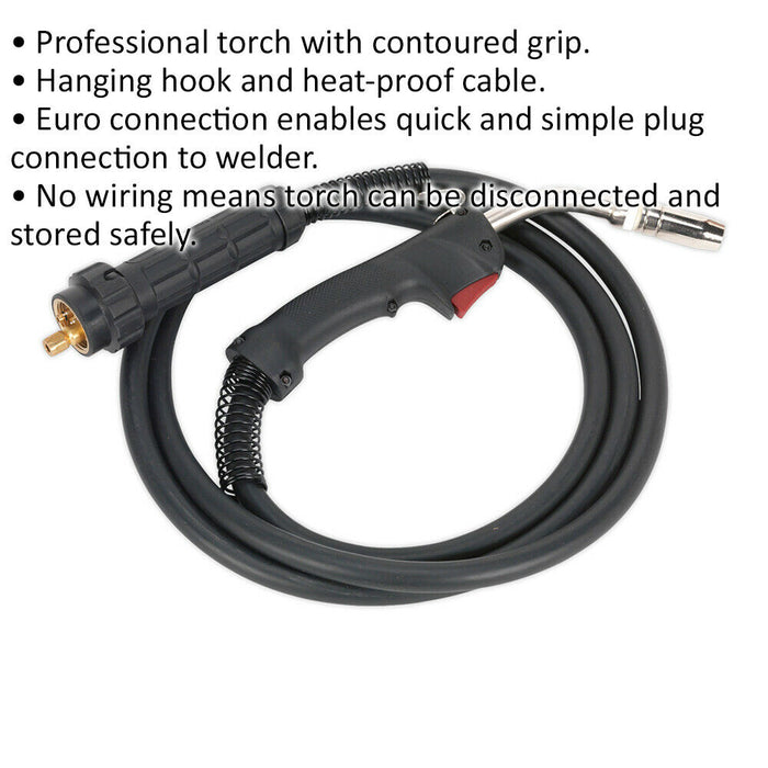 MB25 MIG Torch with Euro Connector - 4m Heat Proof Cable - Contoured Grip Loops