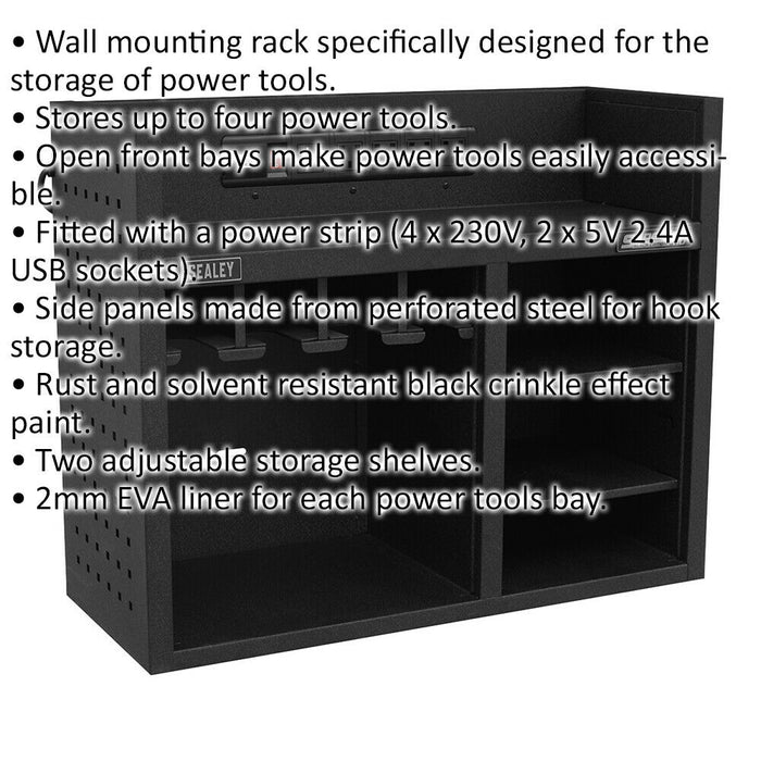 760mm Power Tool Storage Rack - Fitted Power Strip - Holds 4 Power Tools Loops