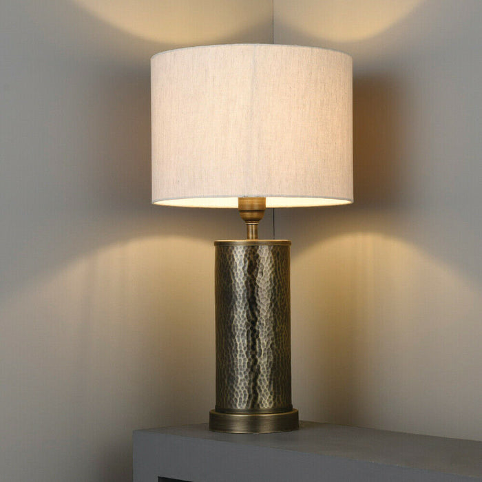 Hammered Bronze Table Lamp Aged Metal & Off White Shade Bedside Feature Light Loops