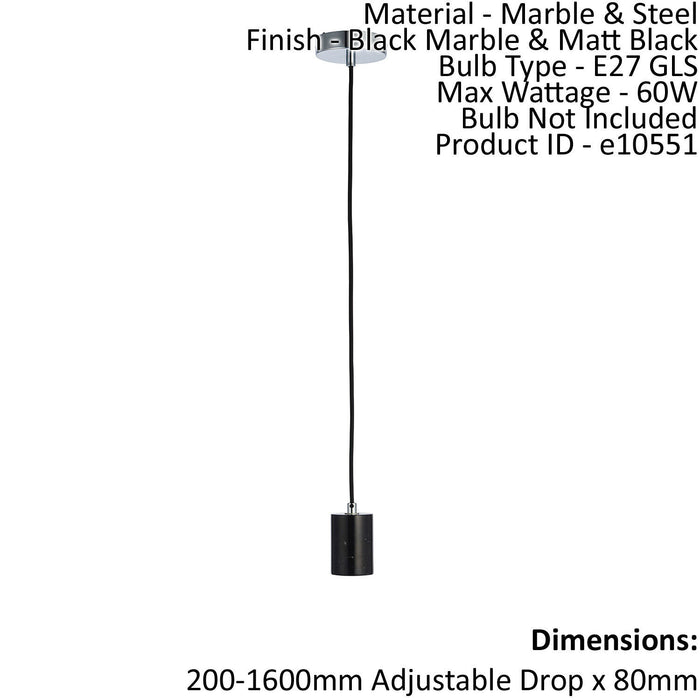 Ceiling Pendant Light Black Marble & Matt Black 60W E27 Dimmable Loops