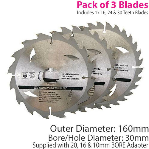 3 Pack 160mm x 30mm TCT Circular Saw Blades 162430 Teeth 20mm 16mm 10mm Ring Loops