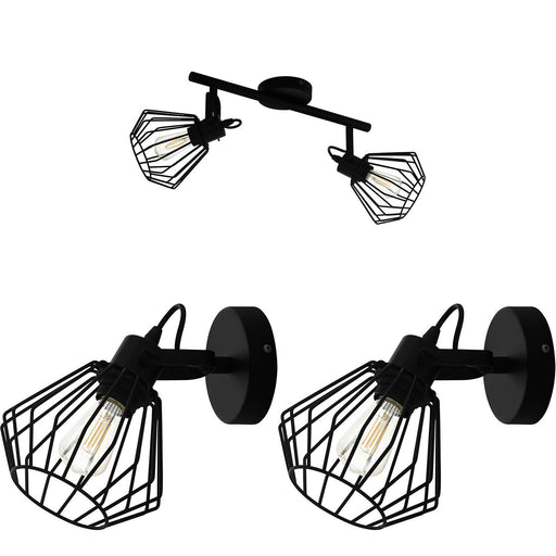 Twin Ceiling Spot Light & 2x Matching Wall Lights Black Geometric Cage Head Loops