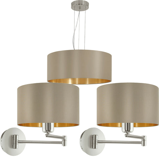 Ceiling Pendant Light & 2x Matching Wall Lights Taupe Gold Fabric Feature Lamp Loops