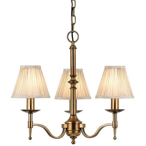 Avery Ceiling Pendant Chandelier Light 3 Lamp Antique Brass & Beige Pleat Shade Loops