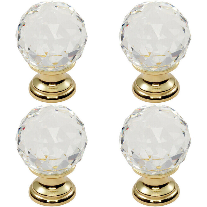 4x Faceted Crystal Cupboard Door Knob 35mm Dia Polished Brass Cabinet Handle Loops