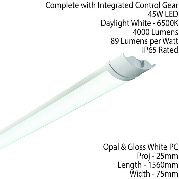 5ft 45W Daylight LED Ceiling Light IP65 Non Corrosive Batten 6500K 4000 Lumen Loops