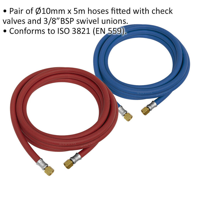 PAIR 5m Oxyacetylene Welding Hose Set - 3/8" BSP Swivel Unions - Check Valves Loops