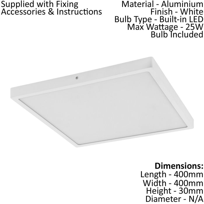 Wall / Ceiling Light White 400mm Square Surface Mounted 25W LED 3000K Loops