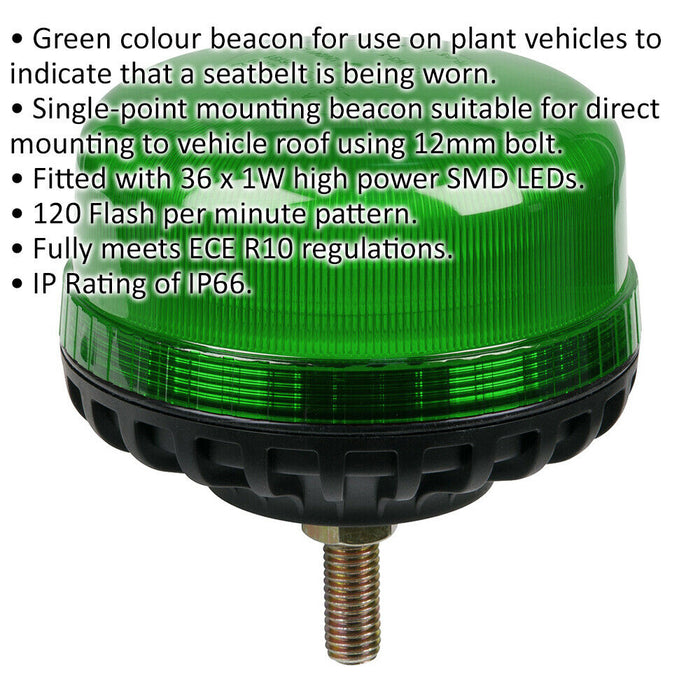 12V / 24V Fixed LED Rotating Green Beacon Light - 12mm Threaded Fixing Bolt Loops