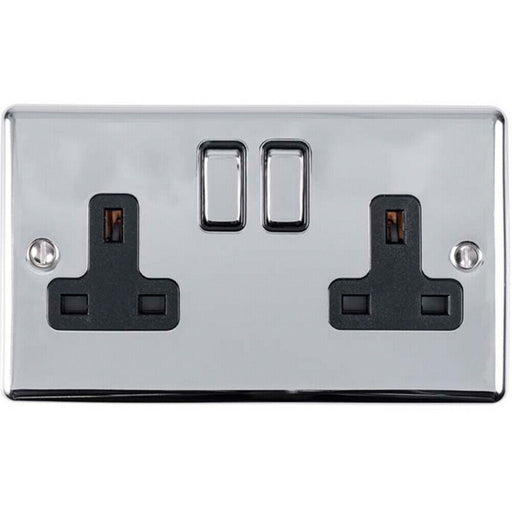 2 Gang Double UK Plug Socket POLISHED CHROME & Black 13A Switched Power Outlet Loops
