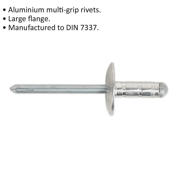 200 PACK 4.8mm x 27mm Multi Grip Rivets - Large Flange Aluminium Compression Pin Loops