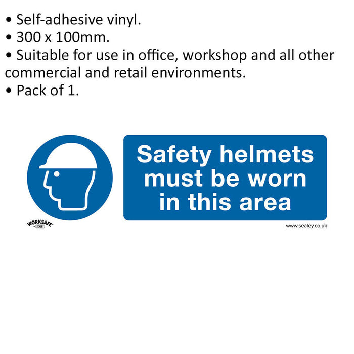 1x SAFETY HELMETS MUST BE WORN Safety Sign - Self Adhesive 300 x 100mm Sticker Loops