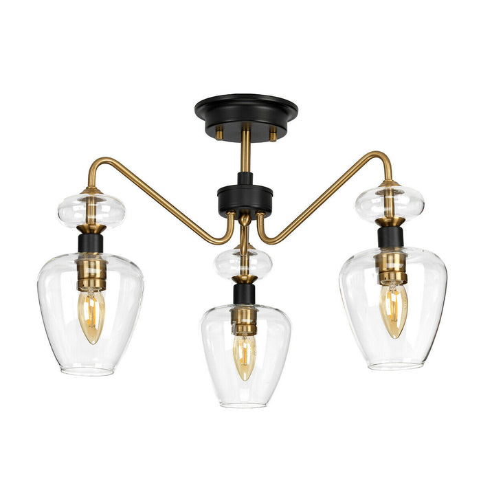 3 Bulb Semi Flush Light Aged Brass Finish Charcoal Black Paint LED E14 40W Loops