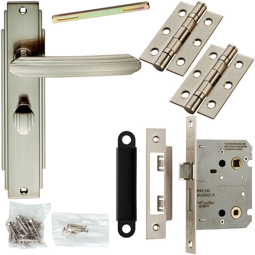 Door Handle & Bathroom Lock Pack Satin Nickel Art Deco Detail Premium Backplate Loops