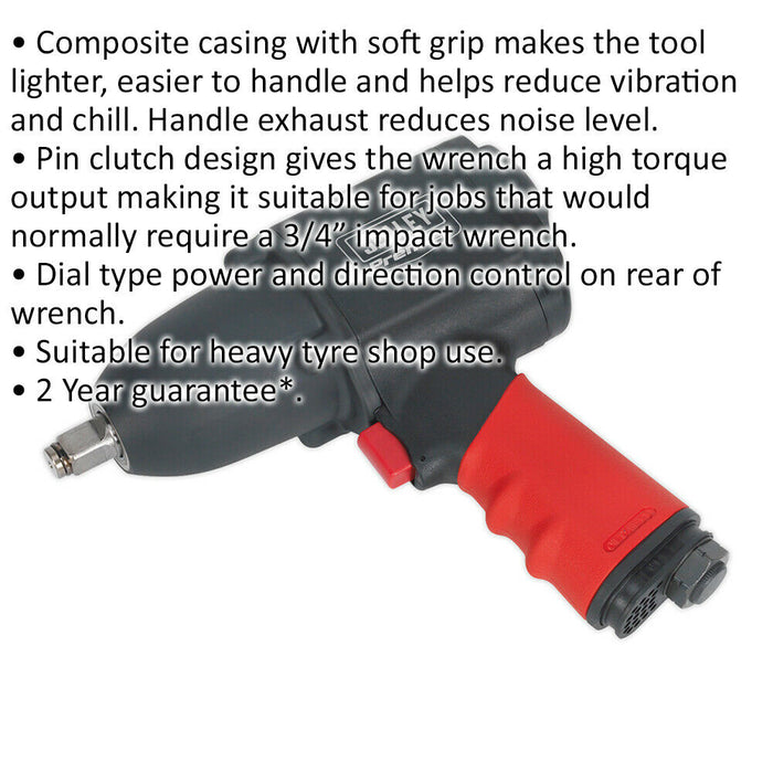 1/2 Inch Sq Drive Air Impact Wrench - Pin Clutch Mechanism - Dial Control Loops