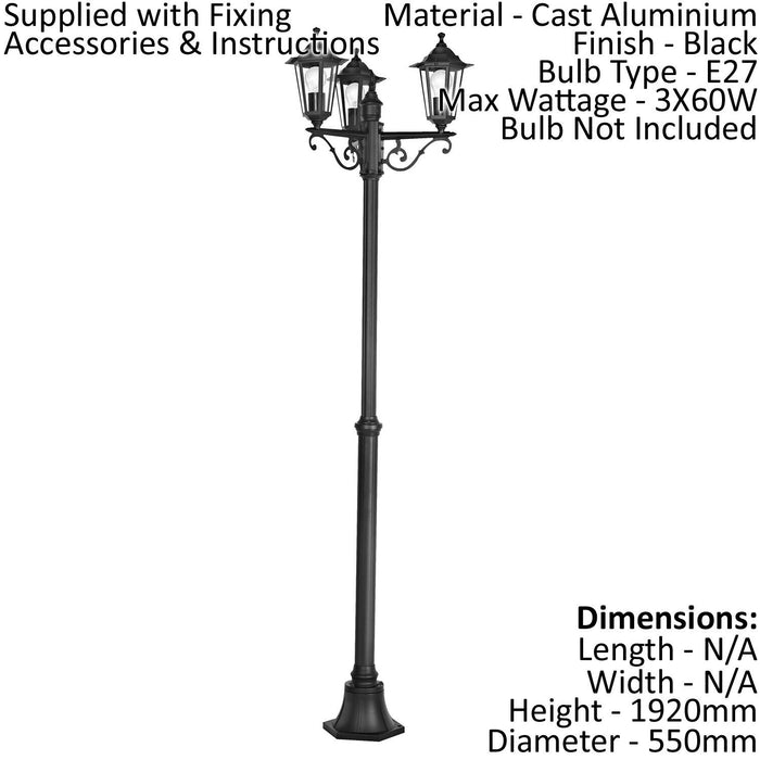 IP44 Outdoor Bollard Light Black Cast Aluminium 3 Arm 60W E27 Tall Lamp Post Loops