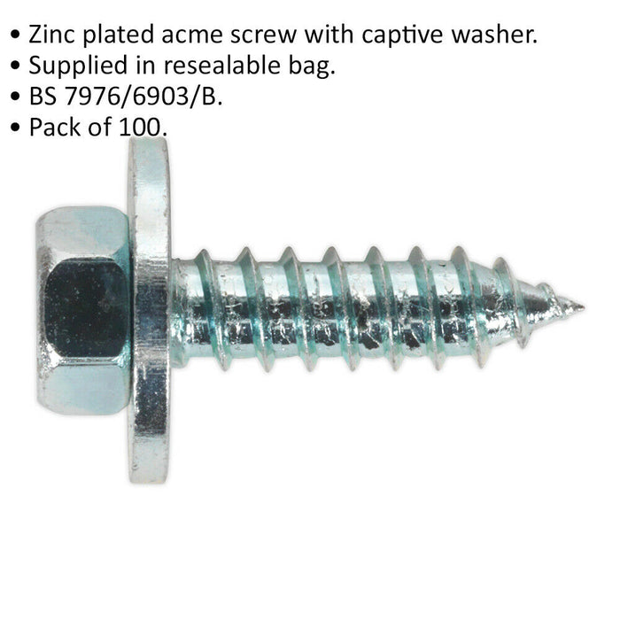 100 PACK M12 x 3/4 Inch Acme Screw with Captive Washer - Zinc Plated Fixings Loops