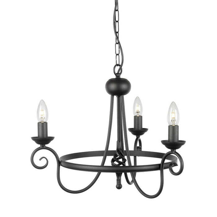 3 Bulb Chandelier Medieval Feel Soft Curving Arms Swirl Finial Black LED E14 60W Loops