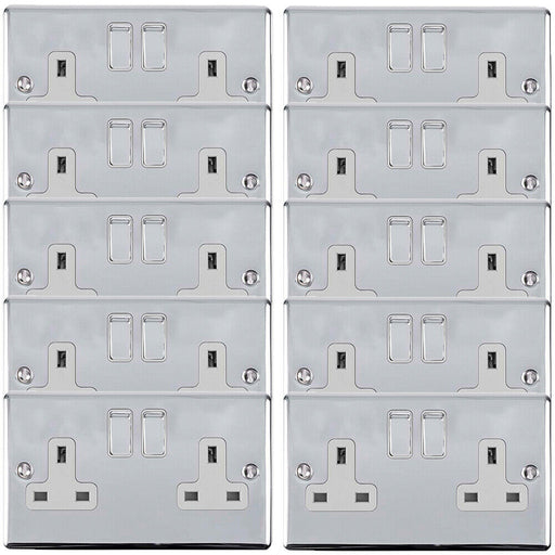 10 PACK 2 Gang Double UK Plug Socket POLISHED CHROME 13A Switched White Trim Loops