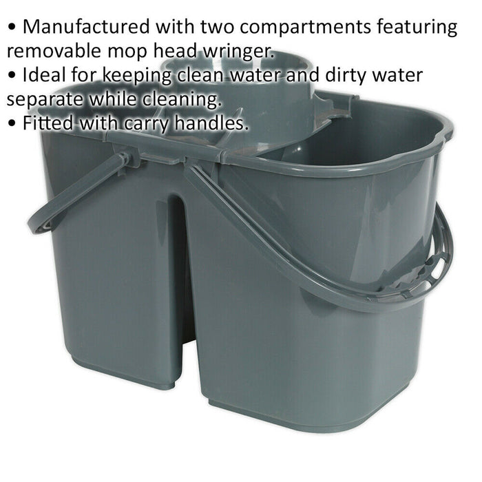 15 Litre Dual Compartment Mop Bucket - Removeable Wringer - Two Carry Handles Loops