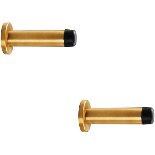 2x Rubber Tipped Doorstop Cylinder with Rose Wall Mounted 70mm Satin Brass Loops