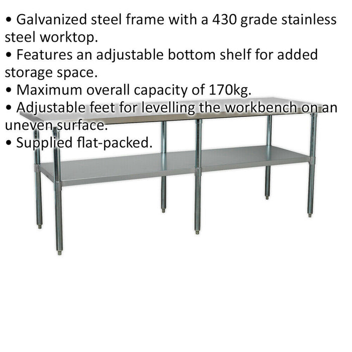 2.1m Stainless Steel Work Bench & Adjustable Storage Shelf - Kitchen Station Loops