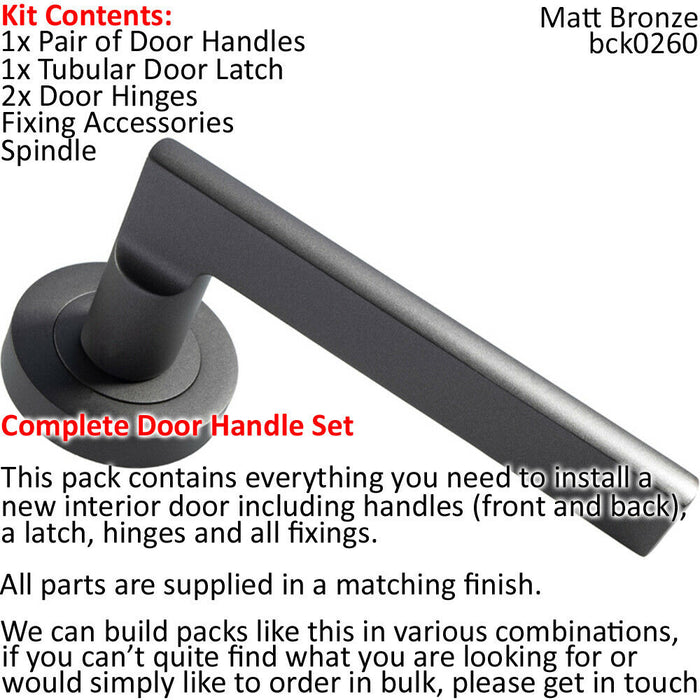 Door Handle & Latch Pack Matt Bronze Plinth Mounted Bar Screwless Round Rose Loops