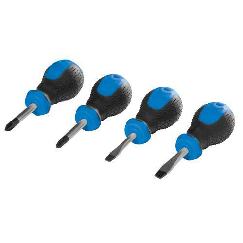 4 Piece Stubby Screwdriver Set Soft Grip Slotted & PZD Cross Tool Tight Space Loops