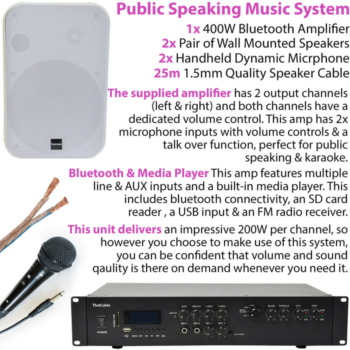 400W Bluetooth Sound System 4x White 200W Wall Speaker Karaoke Amp & Microphones