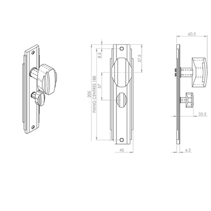 2x PAIR Line Detailed Door Knob on Bathroom Backplate 205 x 45mm Satin Nickel Loops