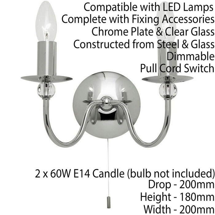 LED Twin Wall Light Chrome & Glass Chandelier Metal Arm Dimmable Lamp Lighting Loops